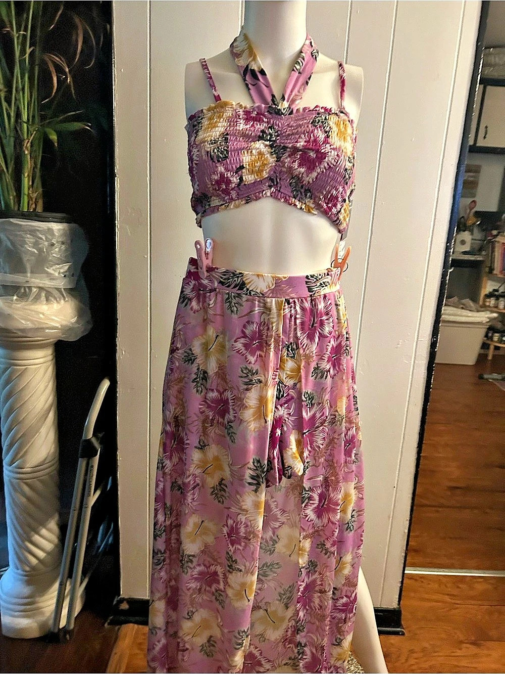 Floral Wide Leg Two-Piece Set in Pink & Purple
